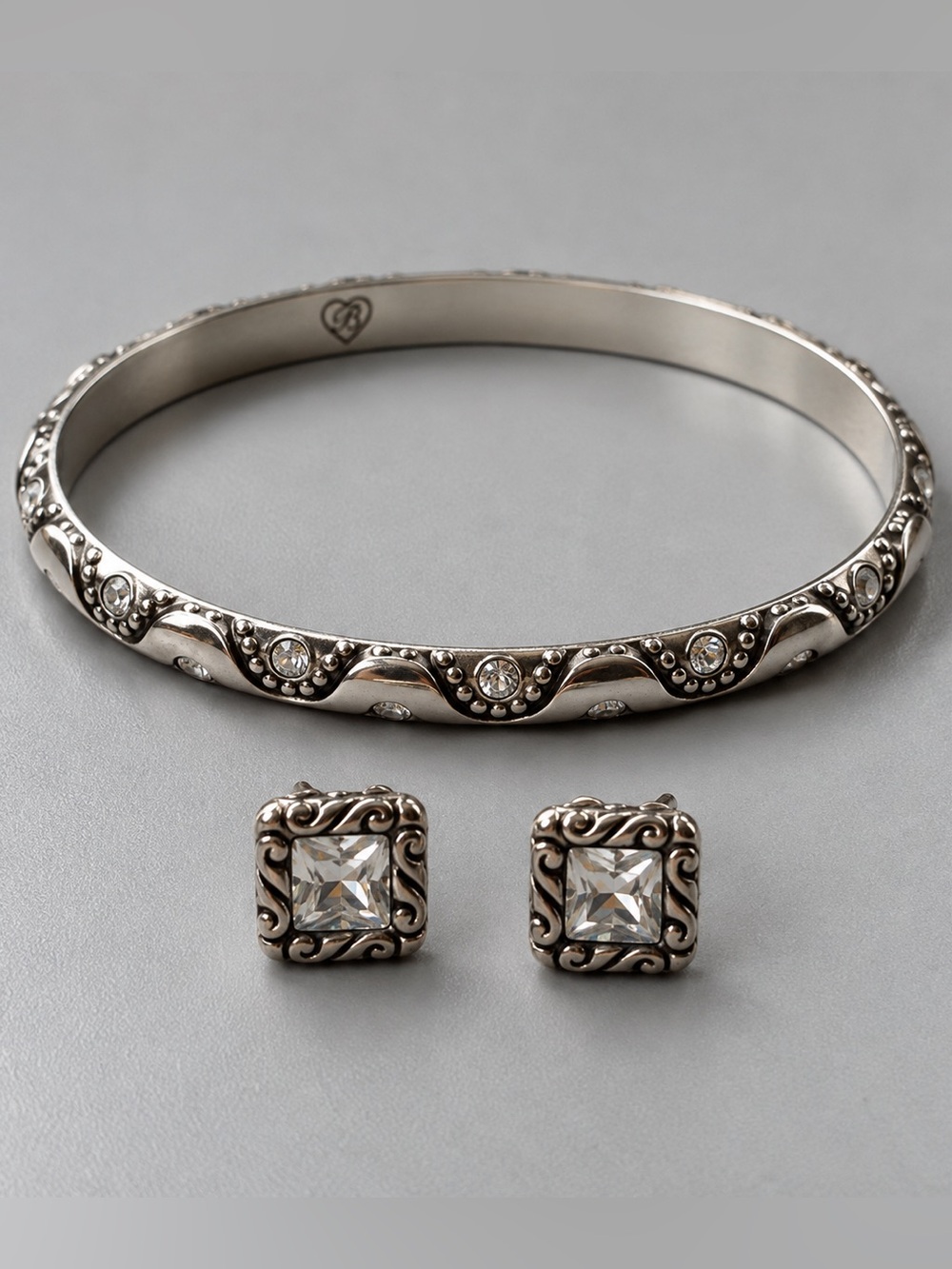 Brighton Regina Crystal Stud Earrings Silver Bangle Bracelet Jewelry Set Scroll